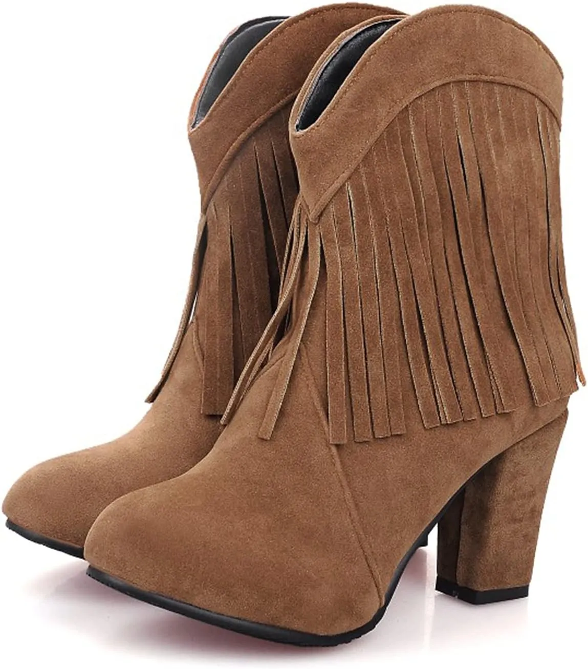 peqiut Ankle Boots for Women Fashion Fringe Round Toe Slip On Ankle Boots High Heel Western Casual Boots for Women