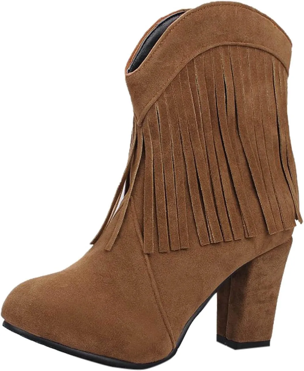 peqiut Ankle Boots for Women Fashion Fringe Round Toe Slip On Ankle Boots High Heel Western Casual Boots for Women