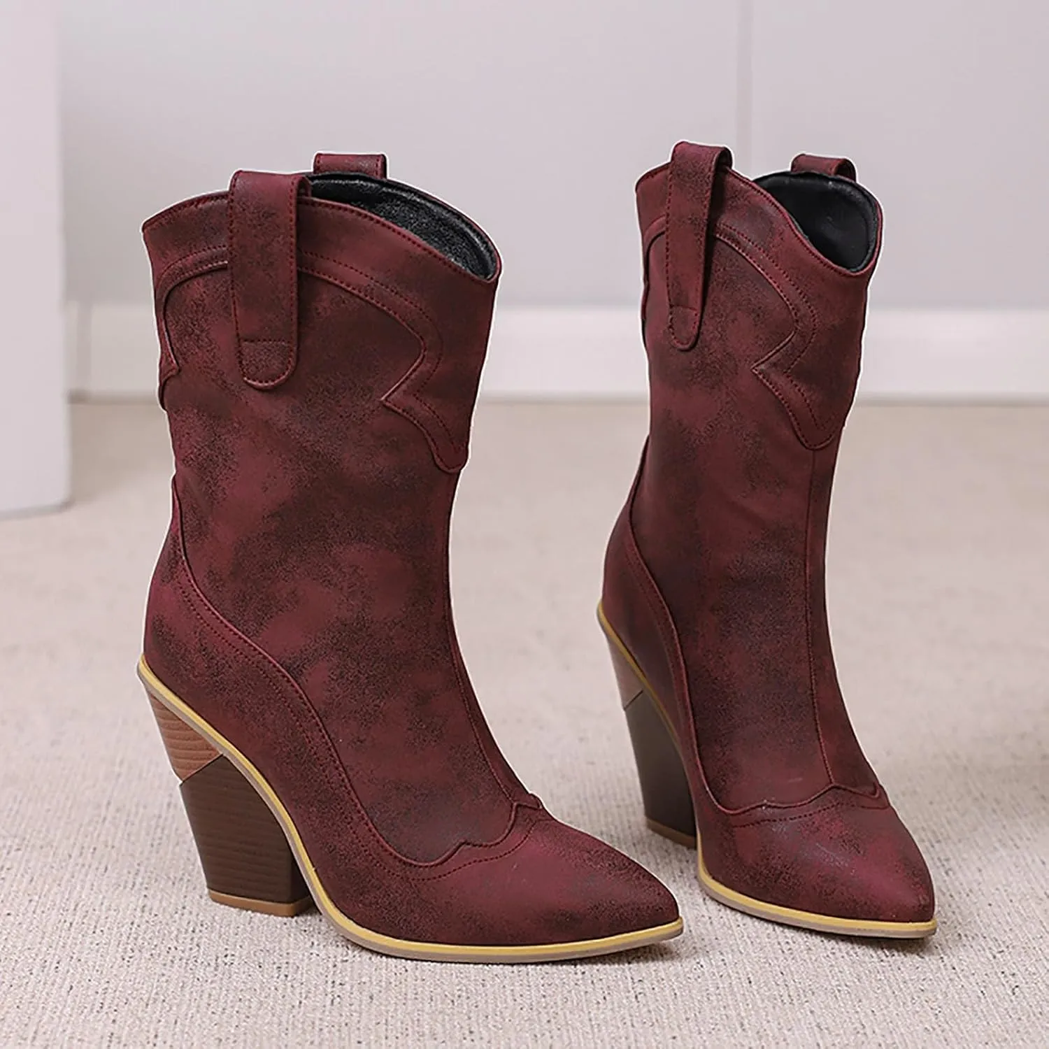 peqiut Cowboy Boots For Women Ladies Western Boot Pointed Toe Low Chunky Heel Short Ankle Womens Knee High Boots Narrow Calf