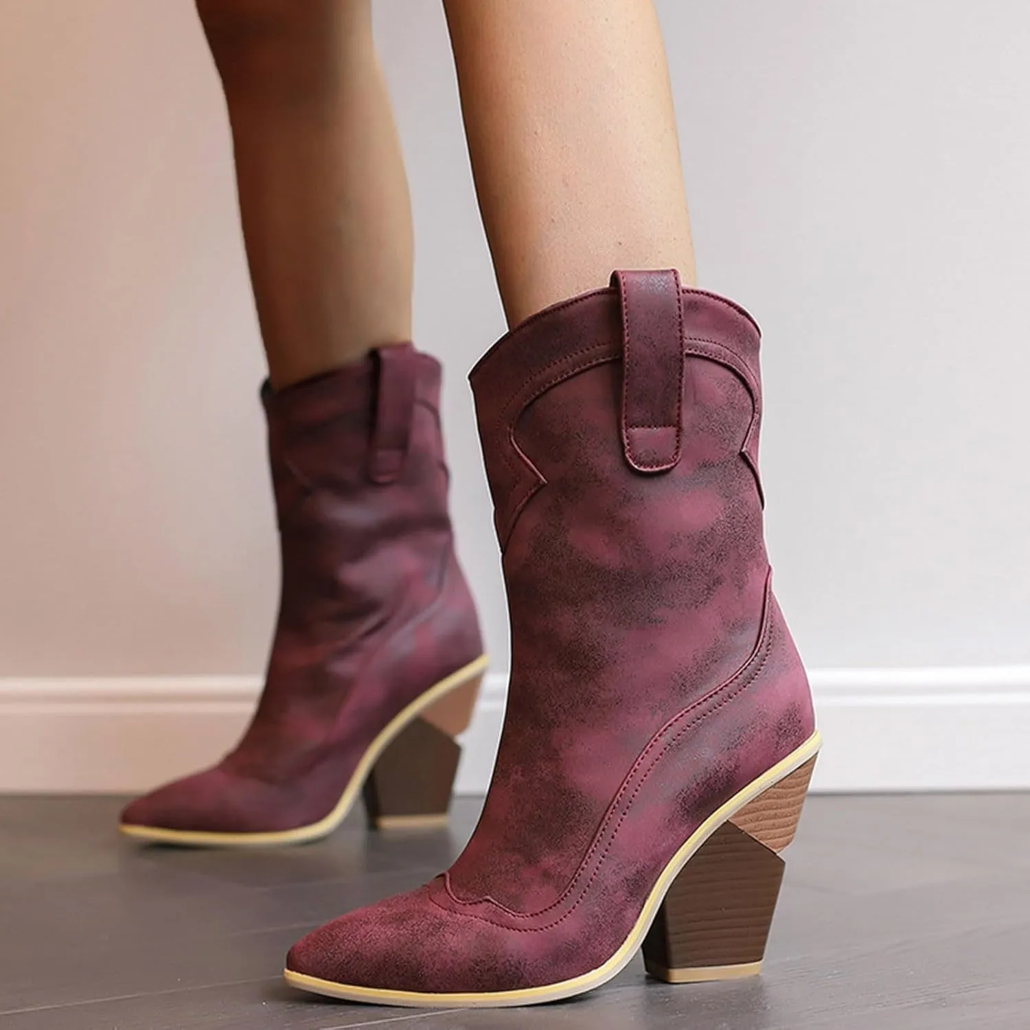 peqiut Cowboy Boots For Women Ladies Western Boot Pointed Toe Low Chunky Heel Short Ankle Womens Knee High Boots Narrow Calf