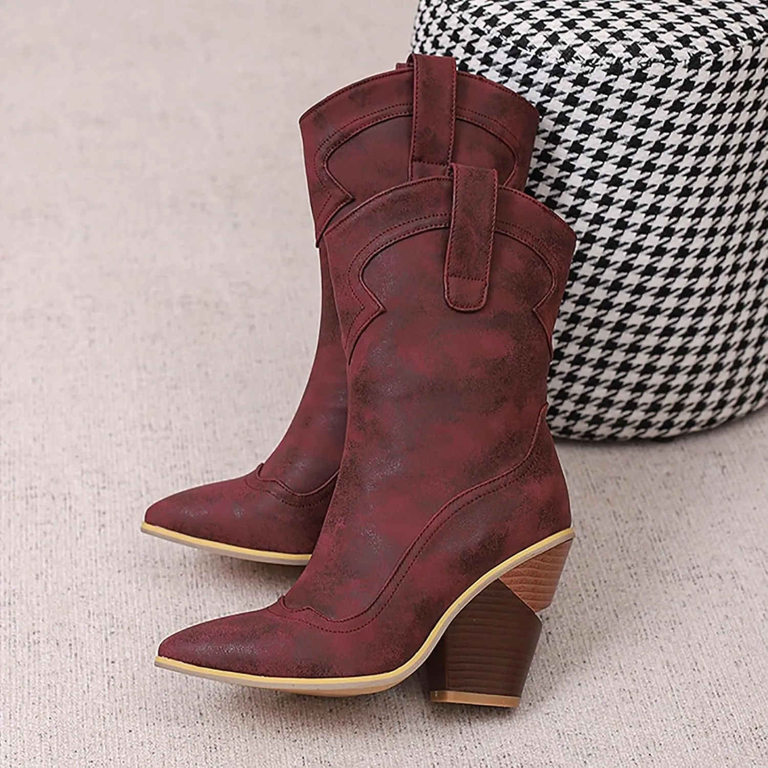 peqiut Cowboy Boots For Women Ladies Western Boot Pointed Toe Low Chunky Heel Short Ankle Womens Knee High Boots Narrow Calf