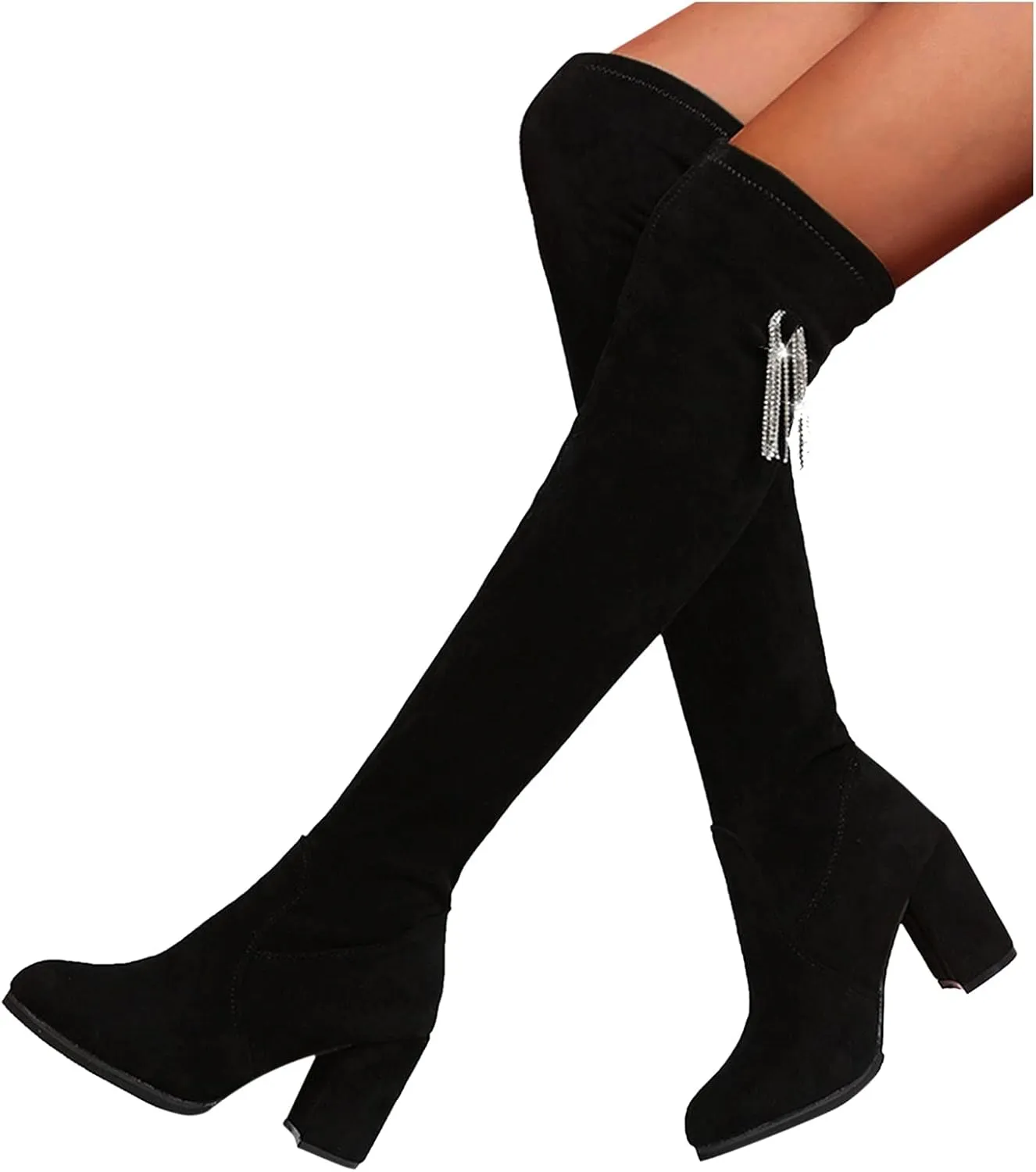 Platform Thigh High Boots for Women,Fashion Casual Pointed Toe Suede Over The Knee Long Warm Stretchy Winter Dress Tall Stretch Black 7