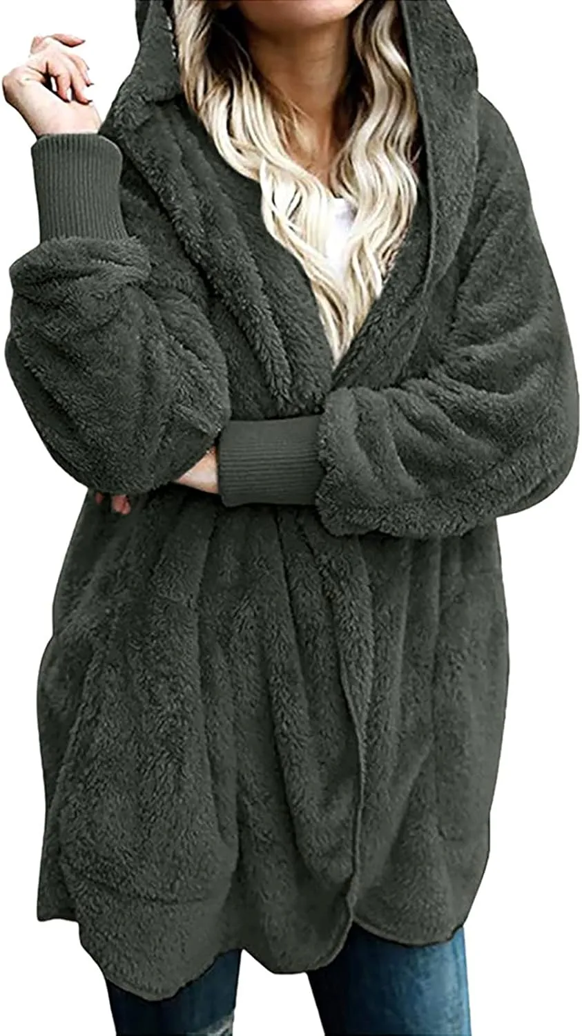 Plus Size Fleece Jackets For Women Winter Warm Plush Cardigan Fashion Soild Color Coats Open Front Hoodies With Pocket