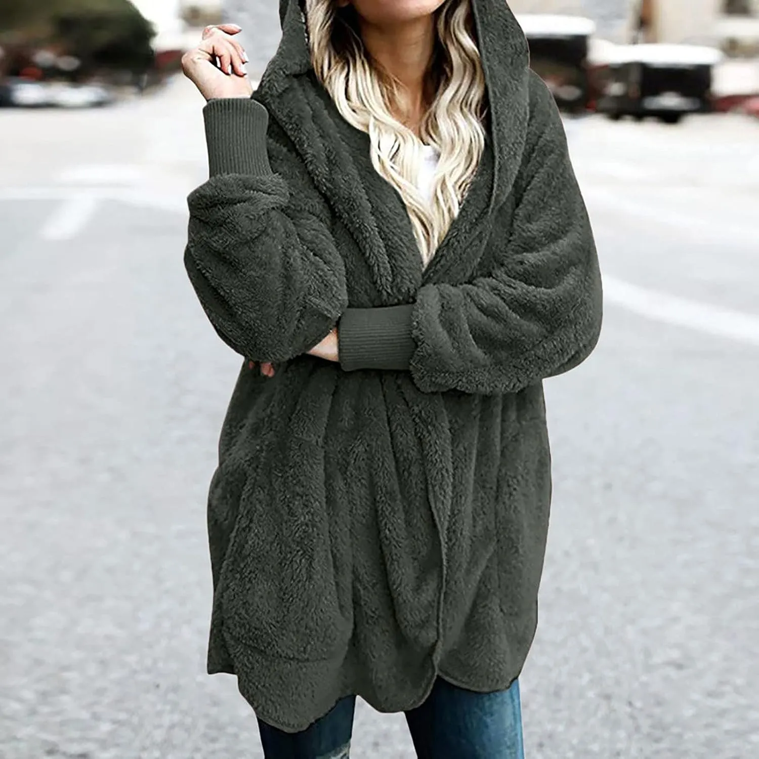 Plus Size Fleece Jackets For Women Winter Warm Plush Cardigan Fashion Soild Color Coats Open Front Hoodies With Pocket