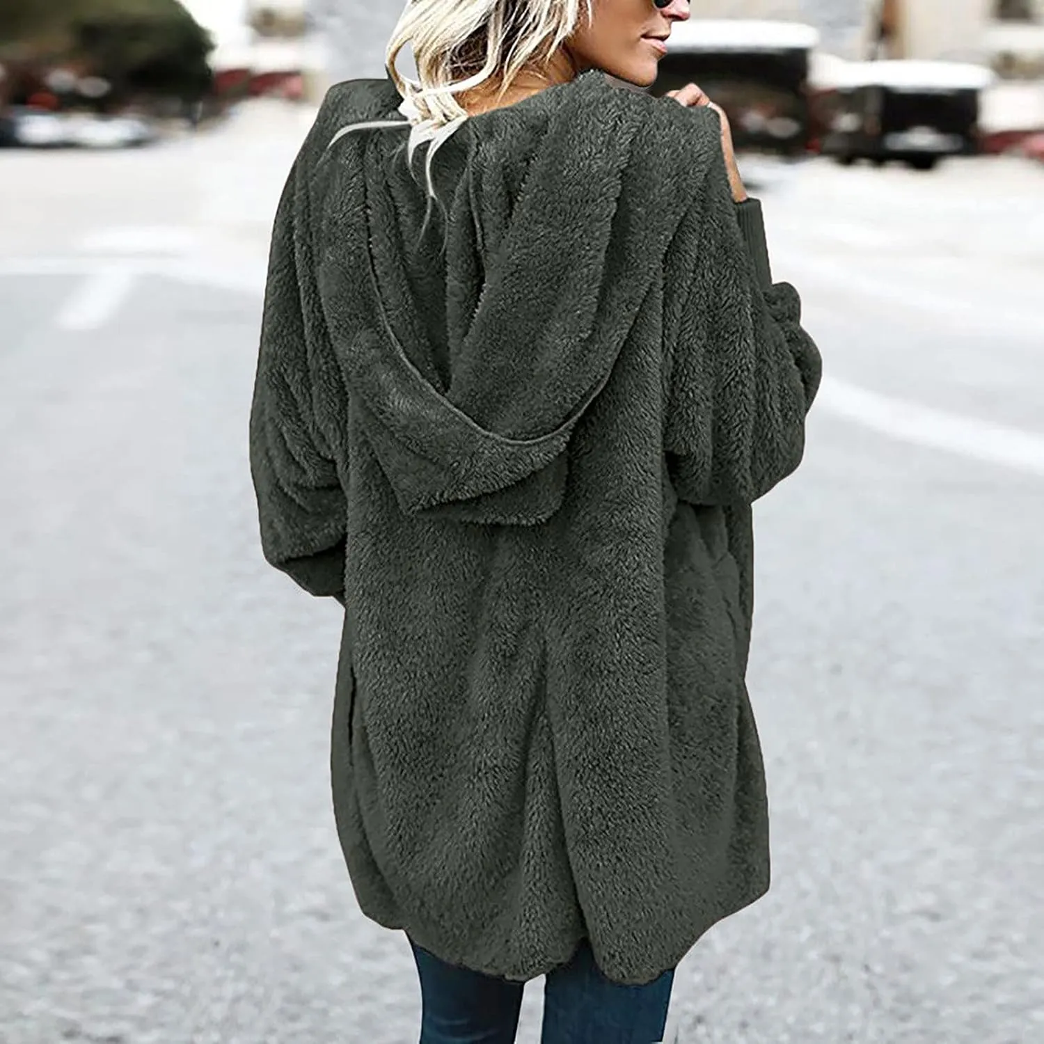 Plus Size Fleece Jackets For Women Winter Warm Plush Cardigan Fashion Soild Color Coats Open Front Hoodies With Pocket