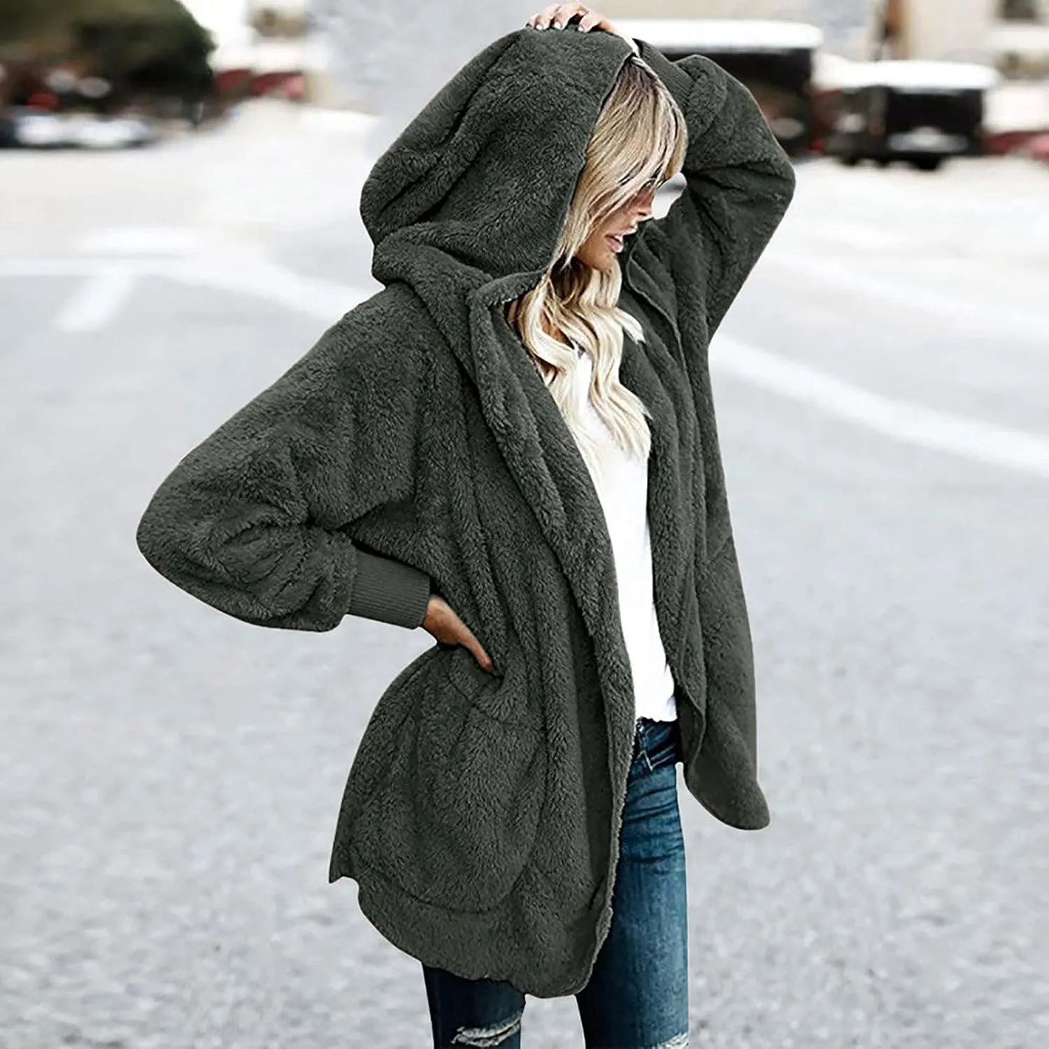 Plus Size Fleece Jackets For Women Winter Warm Plush Cardigan Fashion Soild Color Coats Open Front Hoodies With Pocket