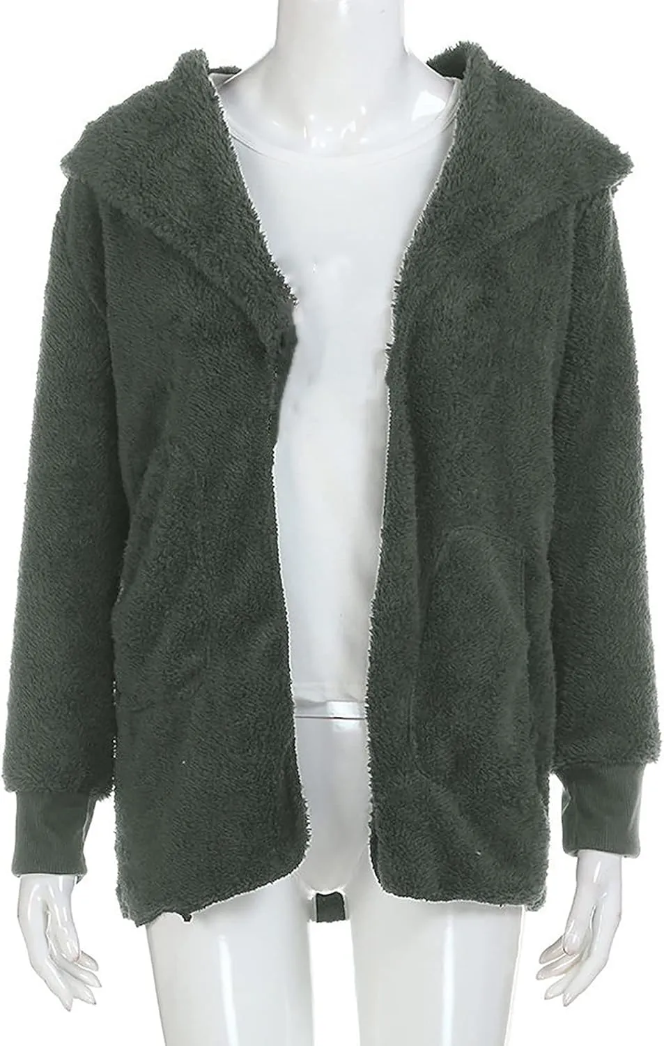 Plus Size Fleece Jackets For Women Winter Warm Plush Cardigan Fashion Soild Color Coats Open Front Hoodies With Pocket