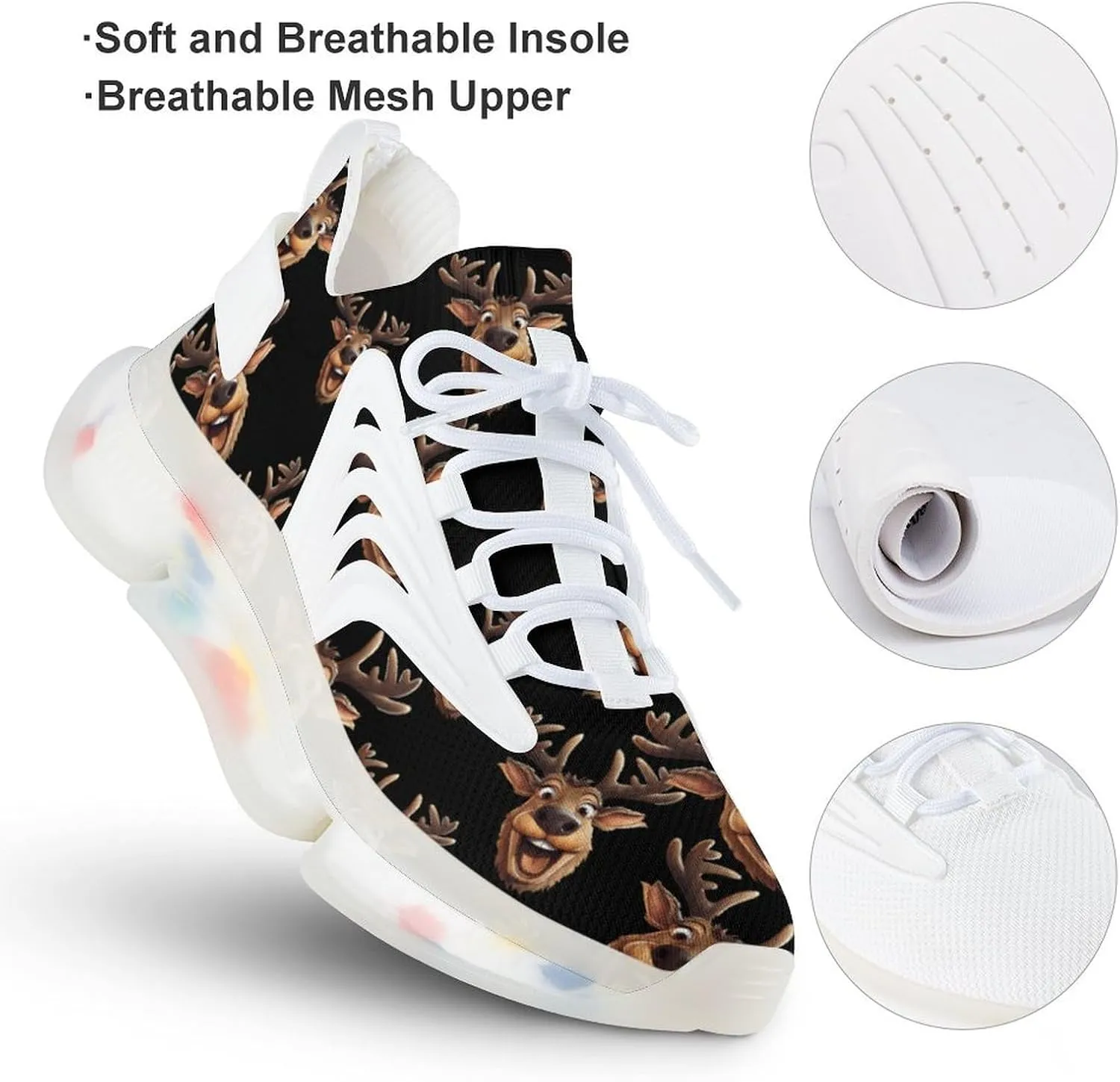 Reindeer Face Mens Sneakers Running Shoes Lightweight Athletic Shoes for Jogging Walking Gym