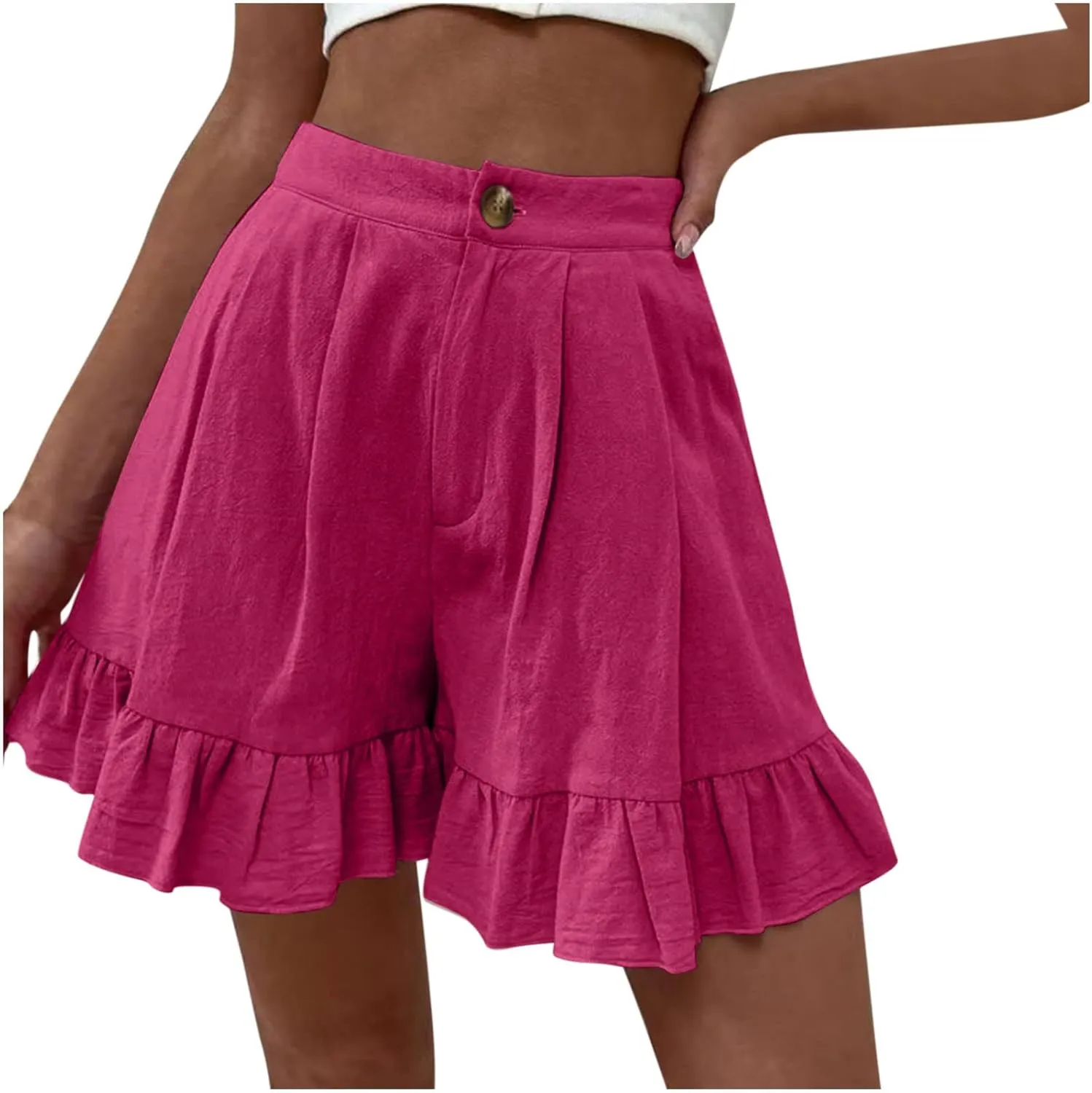 Ruffle Hem Shorts, Women Button High Waisted Shorts Summer Beach Shorts Womens Solid Cotton Linen Shorts with Pockets