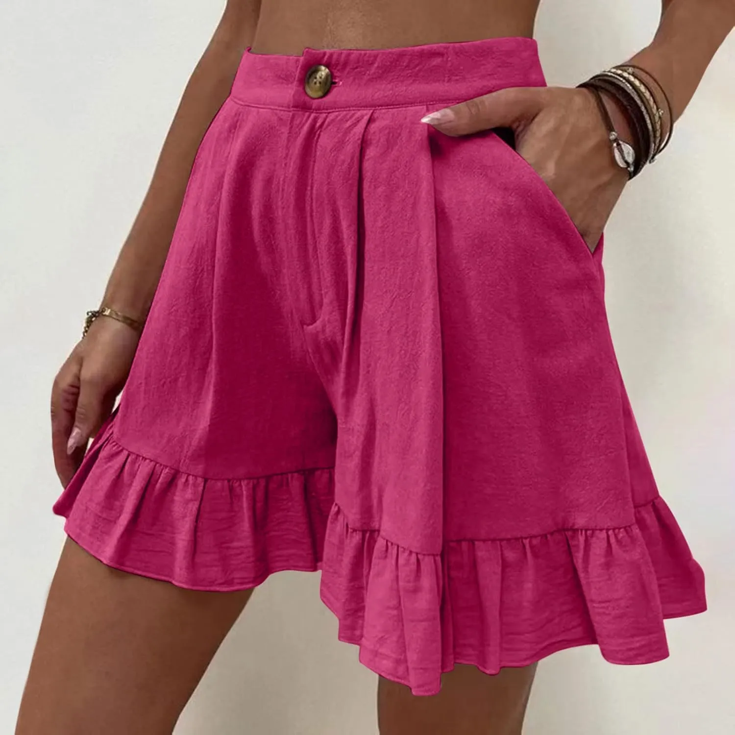 Ruffle Hem Shorts, Women Button High Waisted Shorts Summer Beach Shorts Womens Solid Cotton Linen Shorts with Pockets