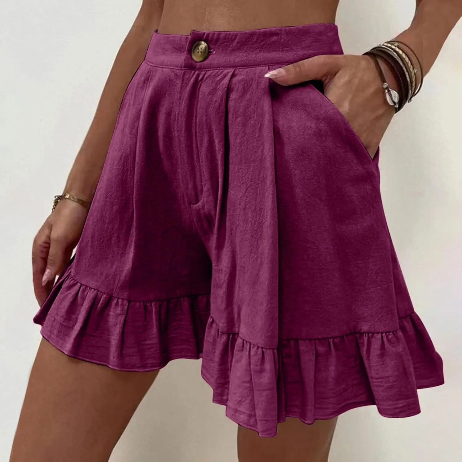Ruffle Hem Shorts, Women Button High Waisted Shorts Summer Beach Shorts Womens Solid Cotton Linen Shorts with Pockets
