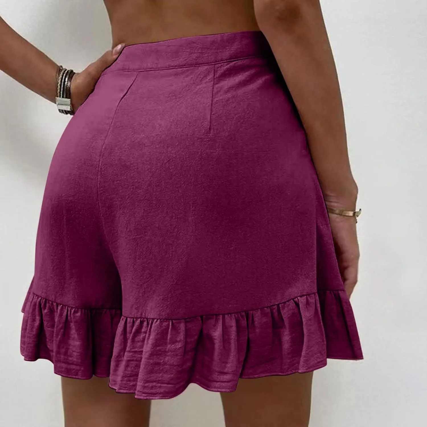 Ruffle Hem Shorts, Women Button High Waisted Shorts Summer Beach Shorts Womens Solid Cotton Linen Shorts with Pockets