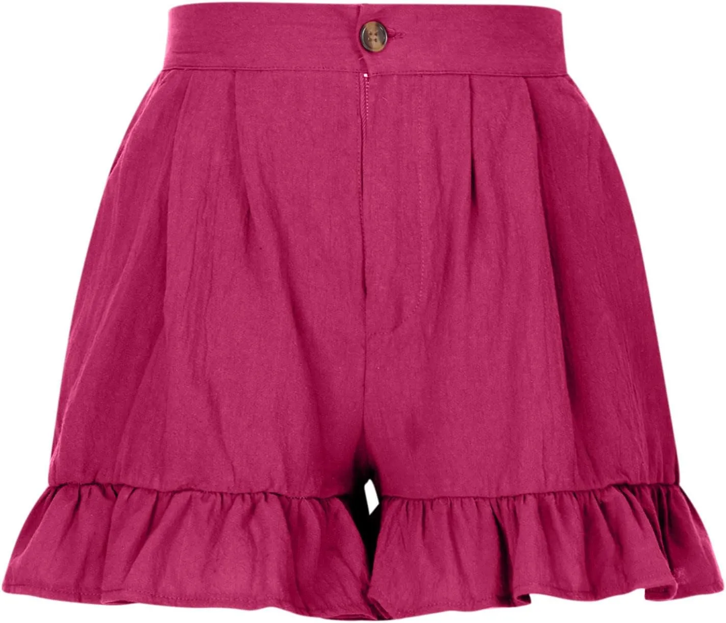 Ruffle Hem Shorts, Women Button High Waisted Shorts Summer Beach Shorts Womens Solid Cotton Linen Shorts with Pockets