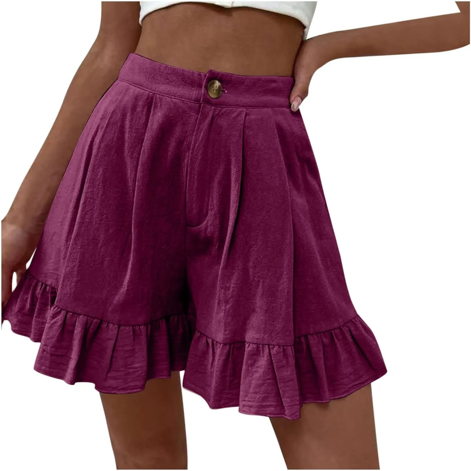 Ruffle Hem Shorts, Women Button High Waisted Shorts Summer Beach Shorts Womens Solid Cotton Linen Shorts with Pockets