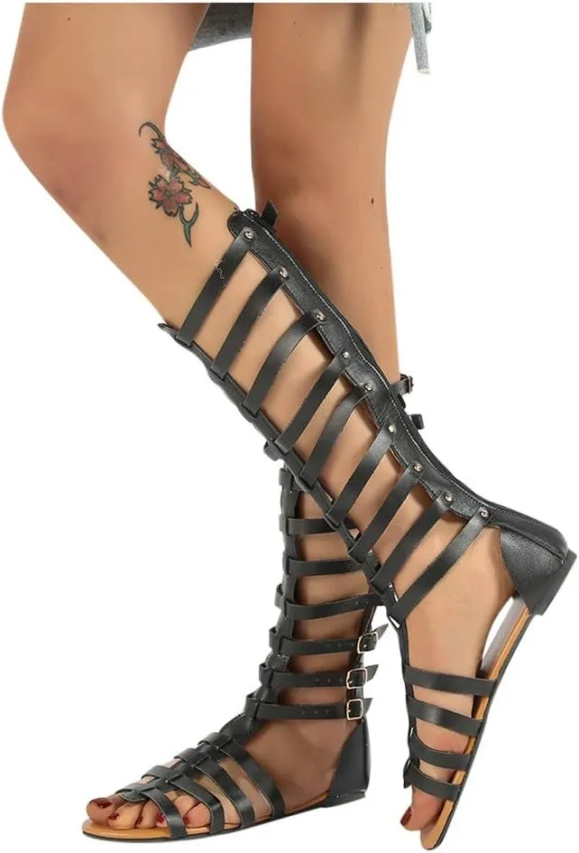 Sandals for Women Dressy,Women Gladiator Sandals Snakeskin Flat Summer Strappy Open Toe Knee High Flat Sandal
