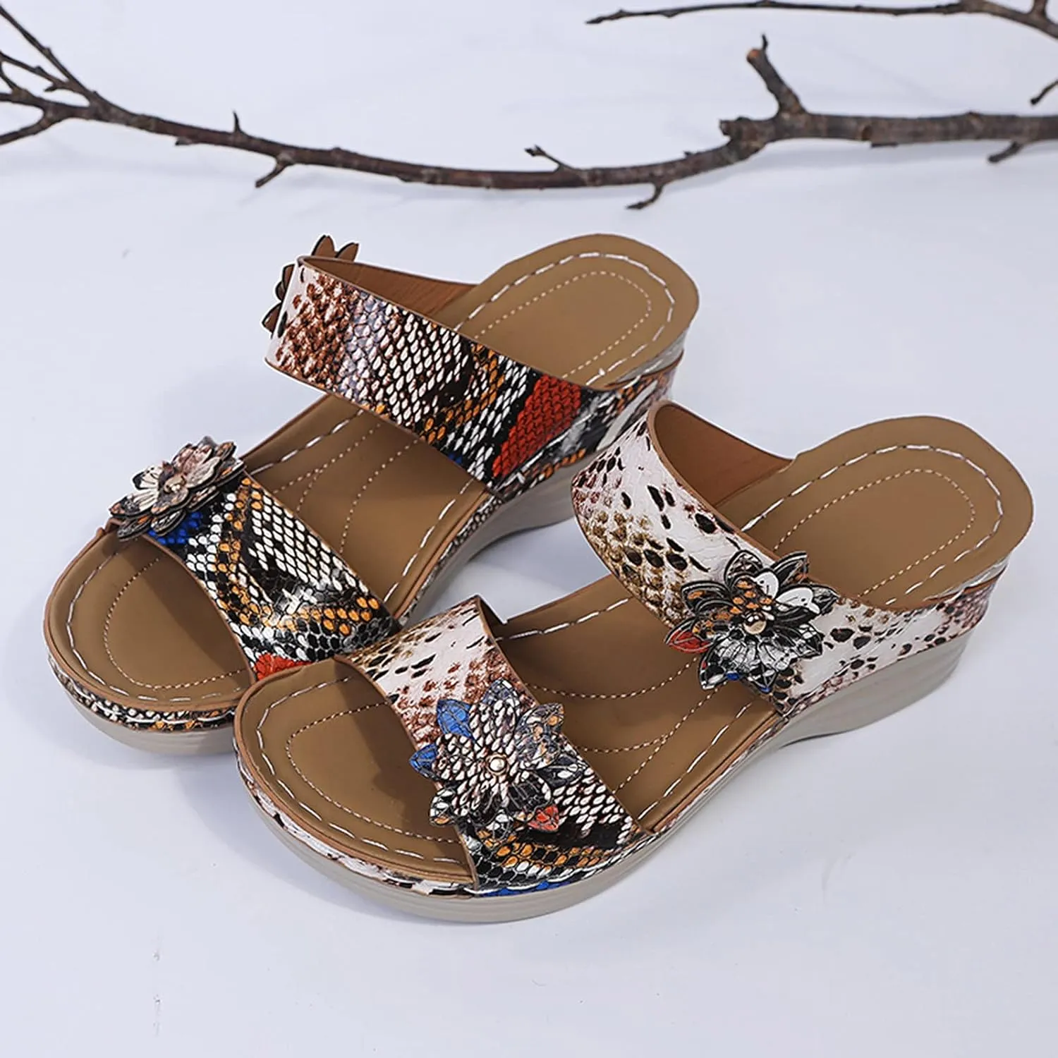 Sandals Women Fashion, Gladiator Sandals for Women Wide Floral Print Light Bottom Comfy Flip Flops Women Shoes