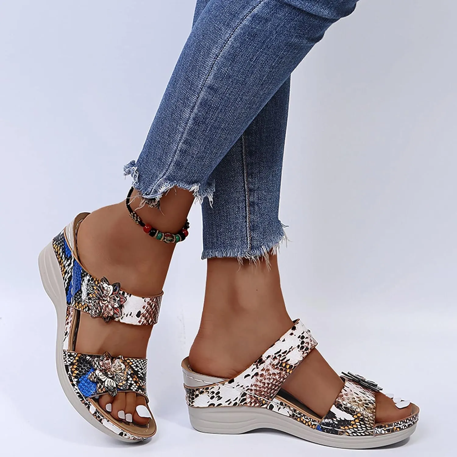 Sandals Women Fashion, Gladiator Sandals for Women Wide Floral Print Light Bottom Comfy Flip Flops Women Shoes