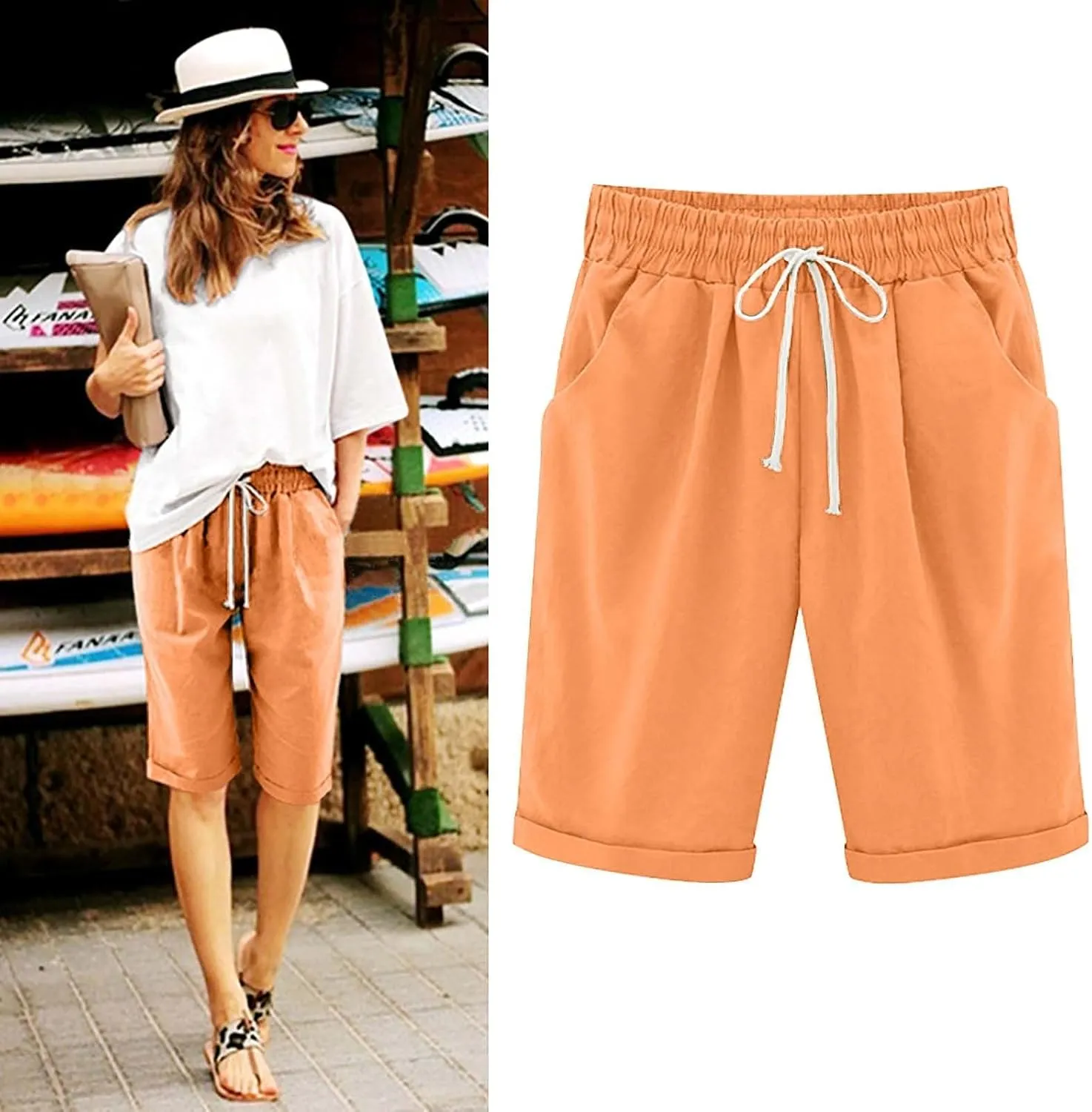 sdbrld Bermuda Shorts for Women Casual Summer,Womens Bermuda Shorts Plus SizeFashion Long Shorts Loose Elastic Waist Shorts