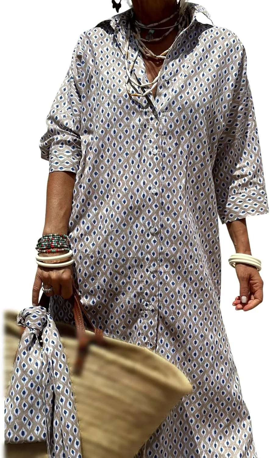 Shirt Dresses for Women Summer Button Down 3/4 Sleeve Striped Loose Maxi Dress Casual Slit Belted Vacation Sundress