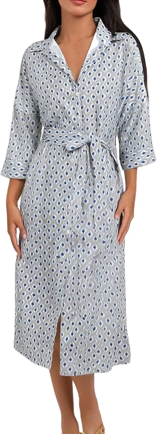 Shirt Dresses for Women Summer Button Down 3/4 Sleeve Striped Loose Maxi Dress Casual Slit Belted Vacation Sundress