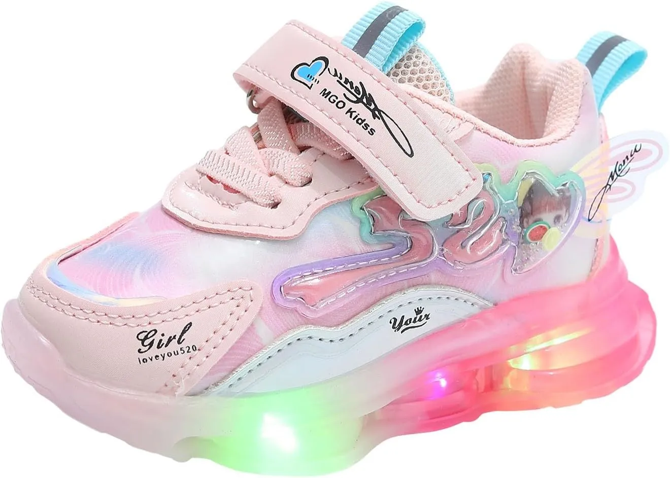 Sneakers for Girls Adorable Light Up Hook and Loop Shoes Kids LED Flashing Lightweight Breathable Mesh Running Sneakers