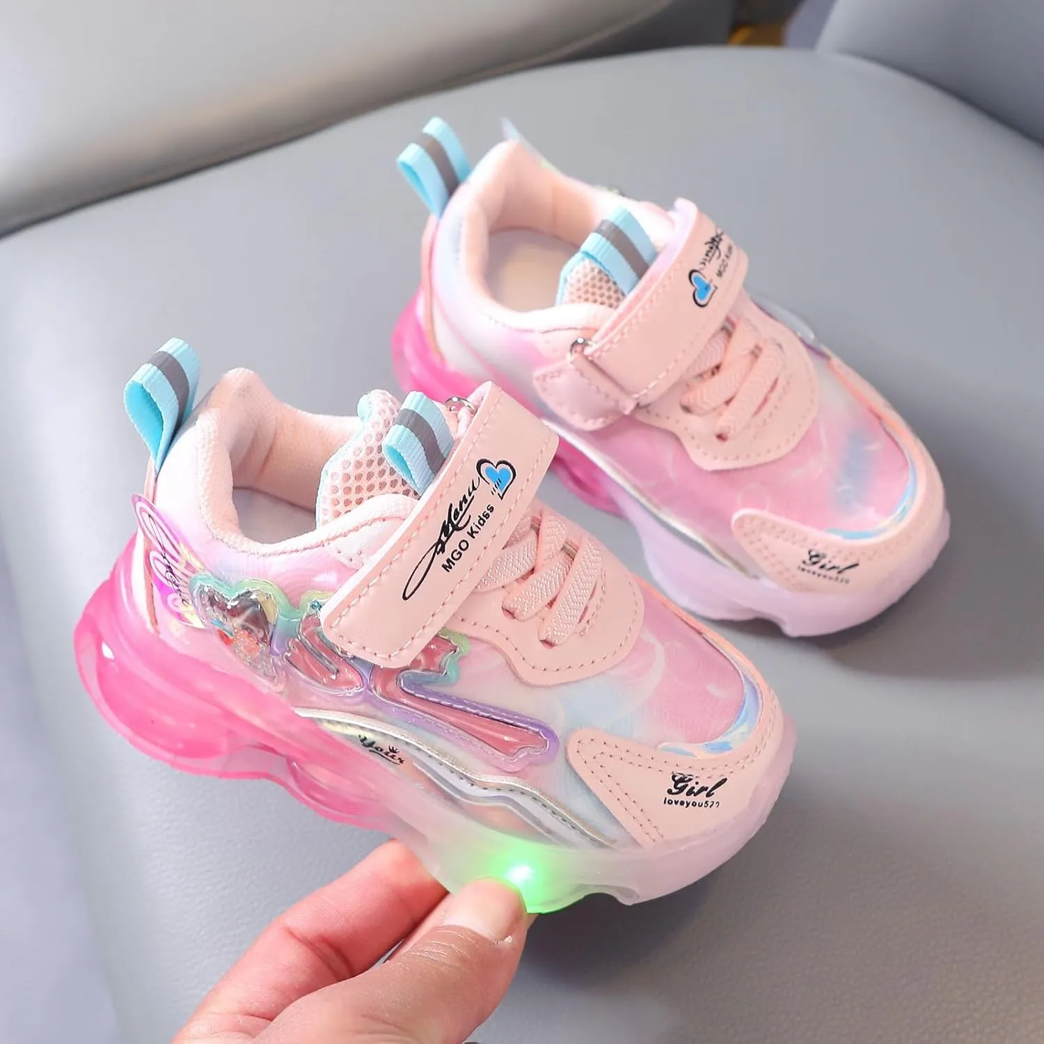 Sneakers for Girls Adorable Light Up Hook and Loop Shoes Kids LED Flashing Lightweight Breathable Mesh Running Sneakers