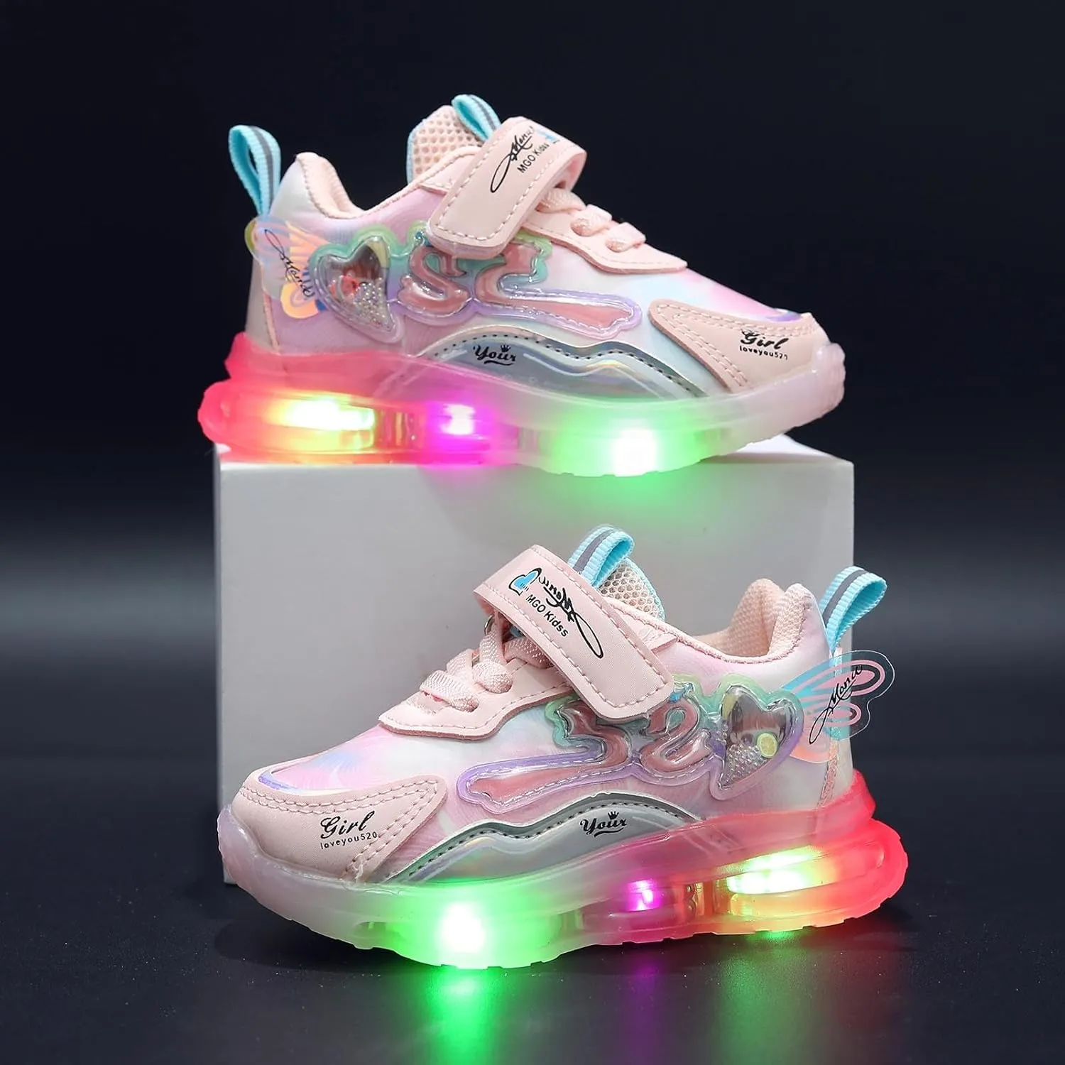 Sneakers for Girls Adorable Light Up Hook and Loop Shoes Kids LED Flashing Lightweight Breathable Mesh Running Sneakers