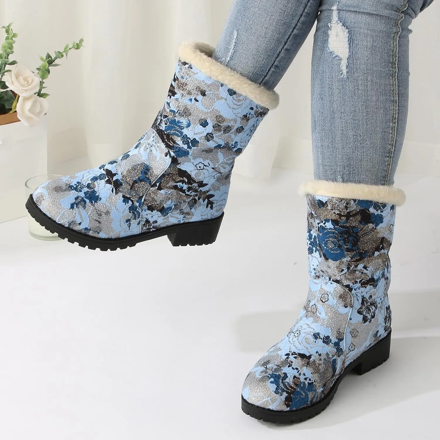Snow Boots for Women Platform Boots for Women Comfy Trendy Large Size Chunky Heel Padded Printed Warm Casual Snow Boots