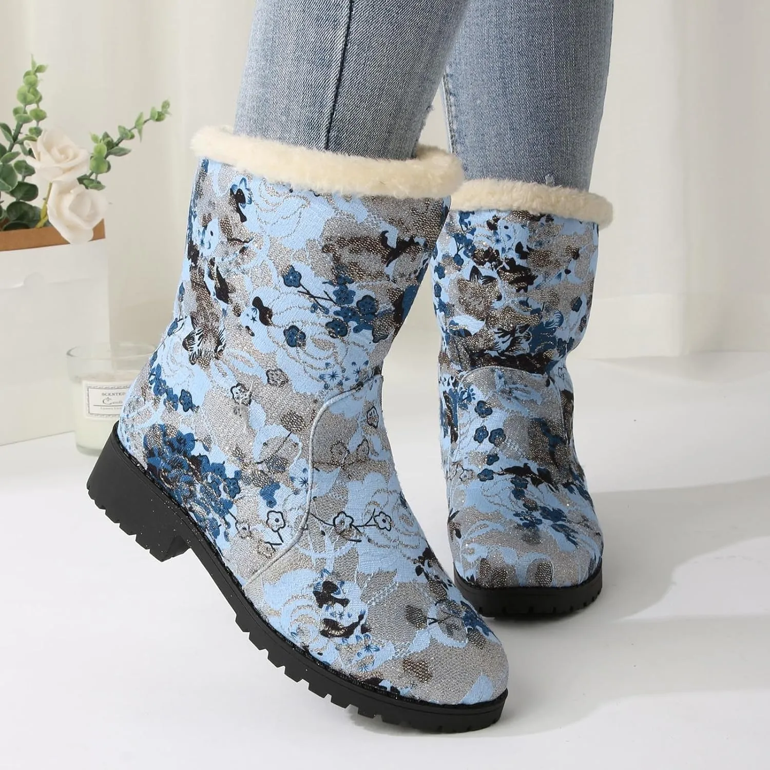 Snow Boots for Women Platform Boots for Women Comfy Trendy Large Size Chunky Heel Padded Printed Warm Casual Snow Boots
