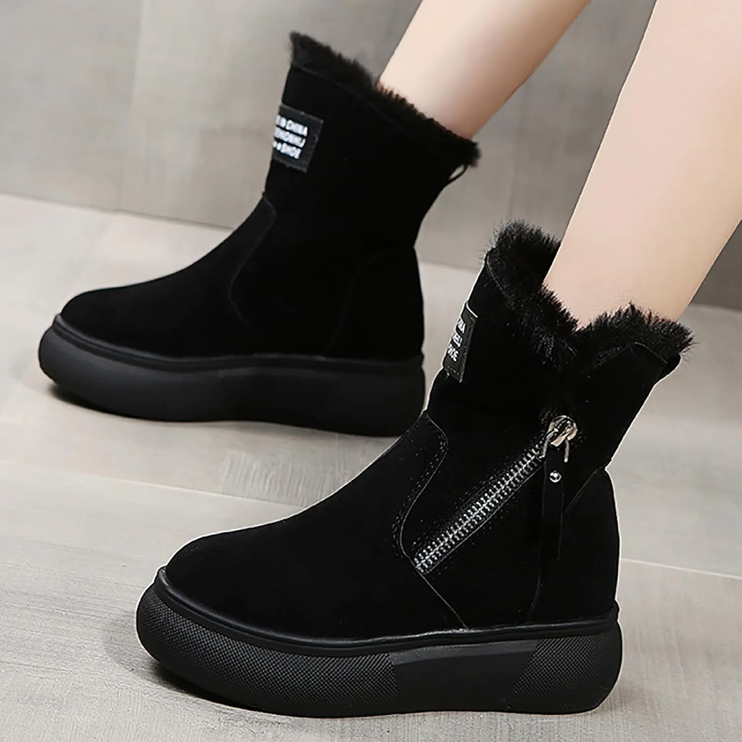 Snow Boots for Women,Women's Winter Snow Boots Fuzzy Boots Fleece Lined Warm Boots Suede Round Toe Slip On Outdoor Shoes Anti-Slip Shoes Platform Ankle Booties with Side Zipper