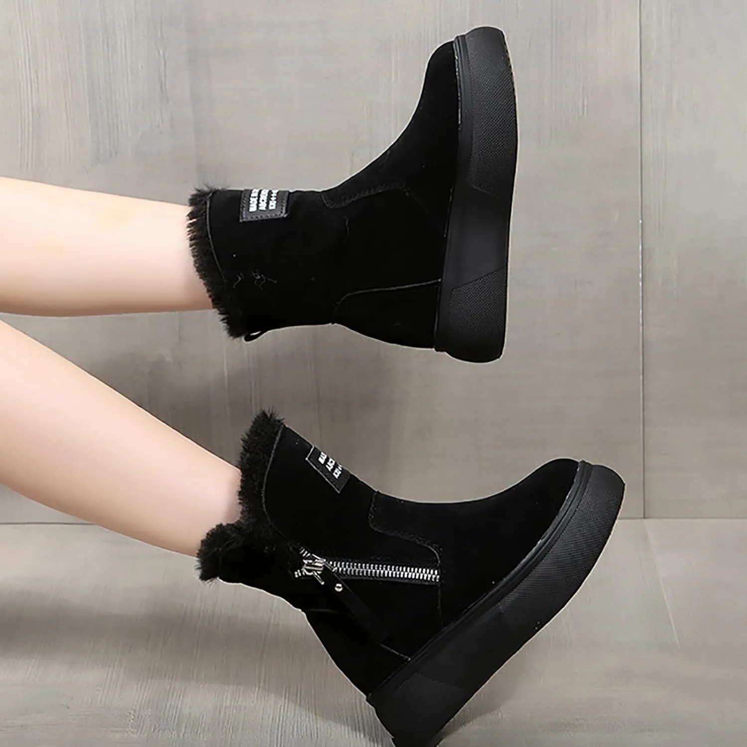 Snow Boots for Women,Women's Winter Snow Boots Fuzzy Boots Fleece Lined Warm Boots Suede Round Toe Slip On Outdoor Shoes Anti-Slip Shoes Platform Ankle Booties with Side Zipper