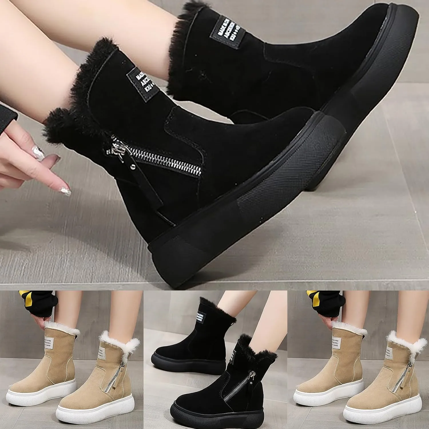 Snow Boots for Women,Women's Winter Snow Boots Fuzzy Boots Fleece Lined Warm Boots Suede Round Toe Slip On Outdoor Shoes Anti-Slip Shoes Platform Ankle Booties with Side Zipper