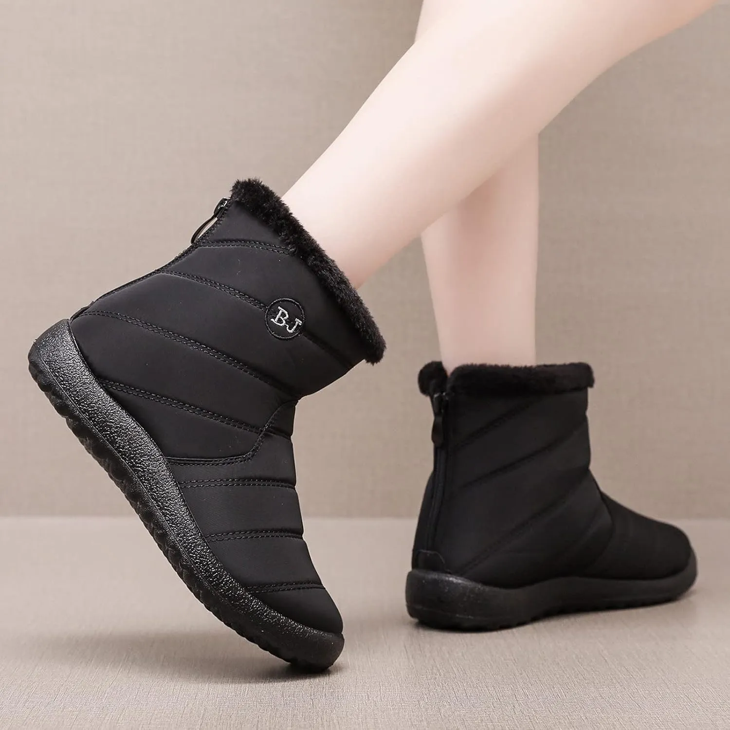 Snow Boots Women,Womens Warm Fur Lined Winter Snow Boots Waterproof Anti-Slip Ankle Boots Outdoor Booties Comfortable Walking Shoes for Women Flat Sneakers with Zipper