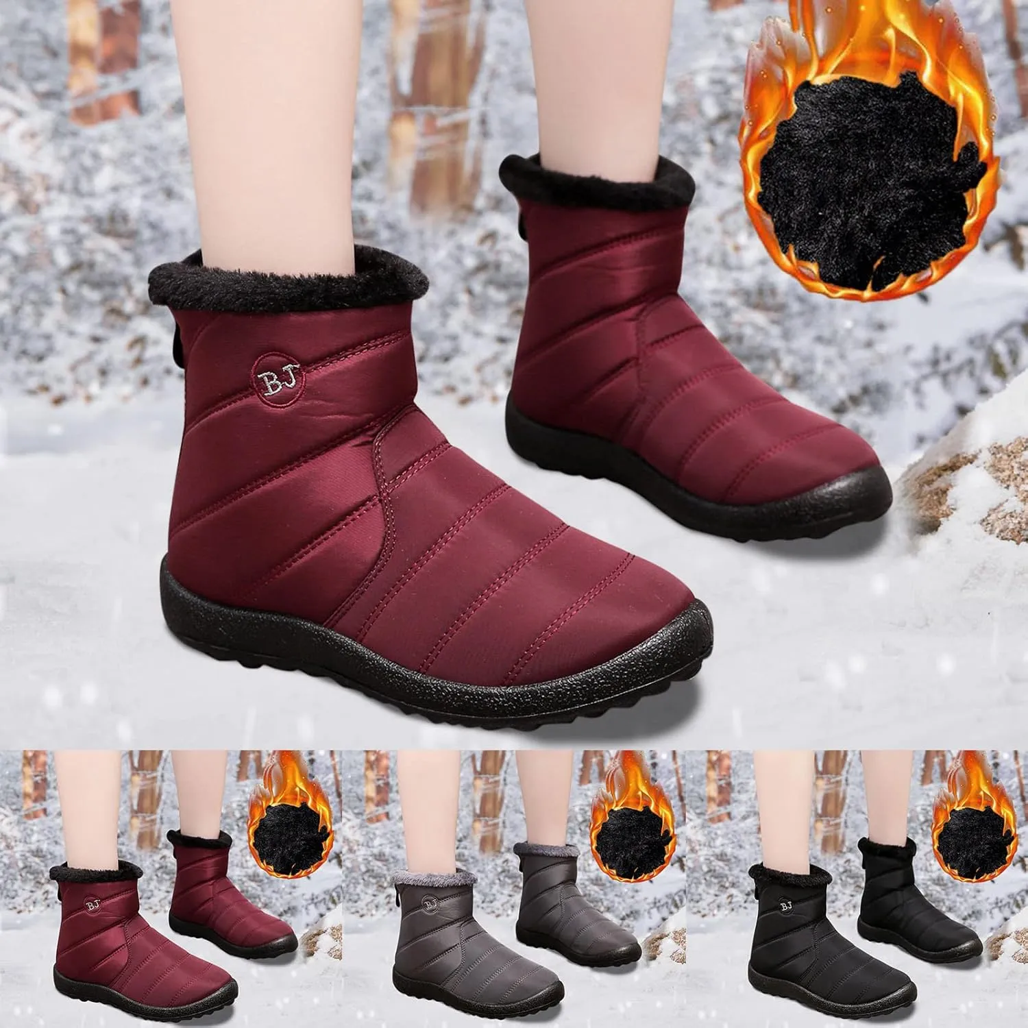 Snow Boots Women,Womens Warm Fur Lined Winter Snow Boots Waterproof Anti-Slip Ankle Boots Outdoor Booties Comfortable Walking Shoes for Women Flat Sneakers with Zipper