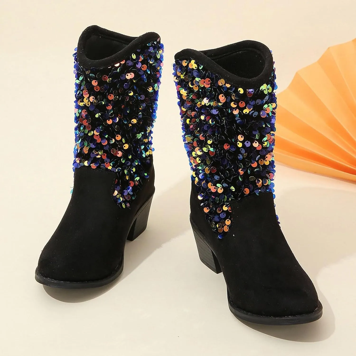 Sparkly Girls Boots Glitter Sequins Pointed Toes Low Heel Mid Calf Zipper Lightweight Comfy Dress Suede Boots Size 5