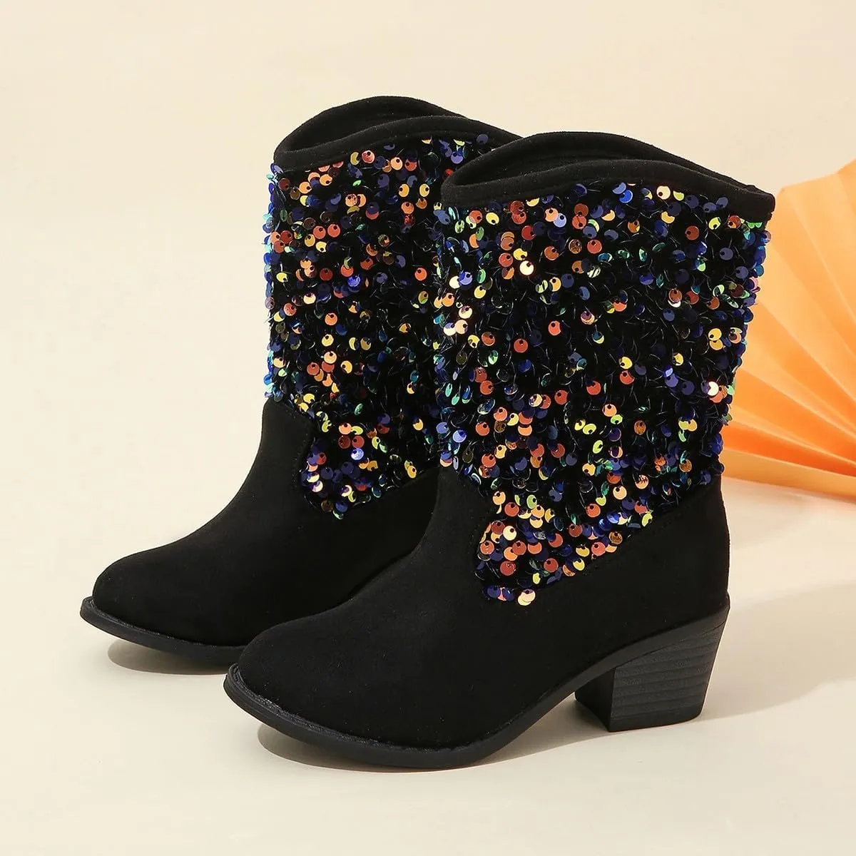Sparkly Girls Boots Glitter Sequins Pointed Toes Low Heel Mid Calf Zipper Lightweight Comfy Dress Suede Boots Size 5