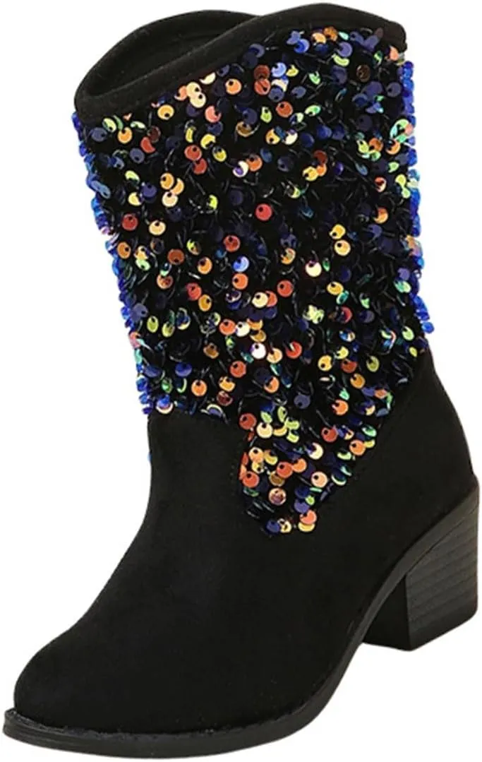 Sparkly Girls Boots Glitter Sequins Pointed Toes Low Heel Mid Calf Zipper Lightweight Comfy Dress Suede Boots Size 5