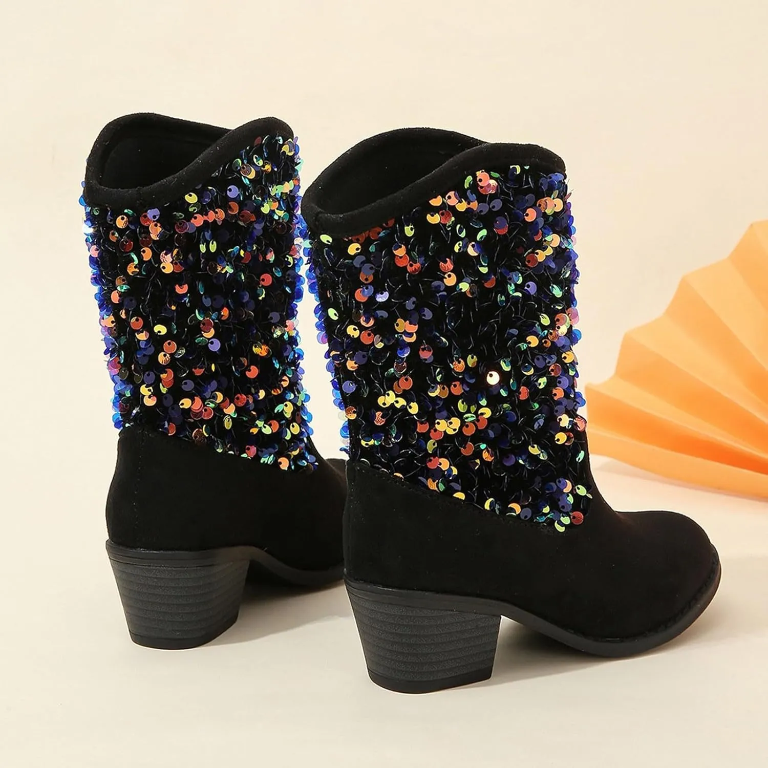 Sparkly Girls Boots Glitter Sequins Pointed Toes Low Heel Mid Calf Zipper Lightweight Comfy Dress Suede Boots Size 5