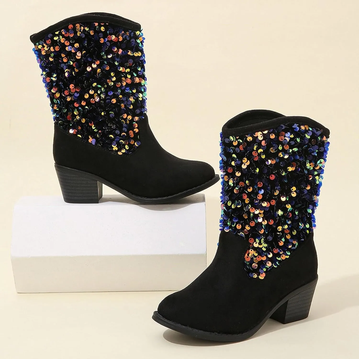 Sparkly Girls Boots Glitter Sequins Pointed Toes Low Heel Mid Calf Zipper Lightweight Comfy Dress Suede Boots Size 5