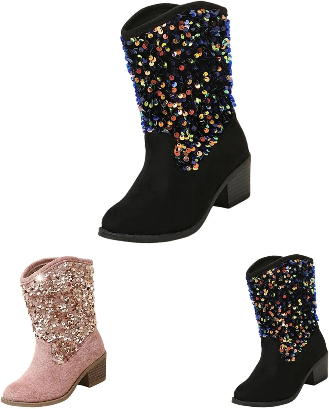 Sparkly Girls Boots Glitter Sequins Pointed Toes Low Heel Mid Calf Zipper Lightweight Comfy Dress Suede Boots Size 5