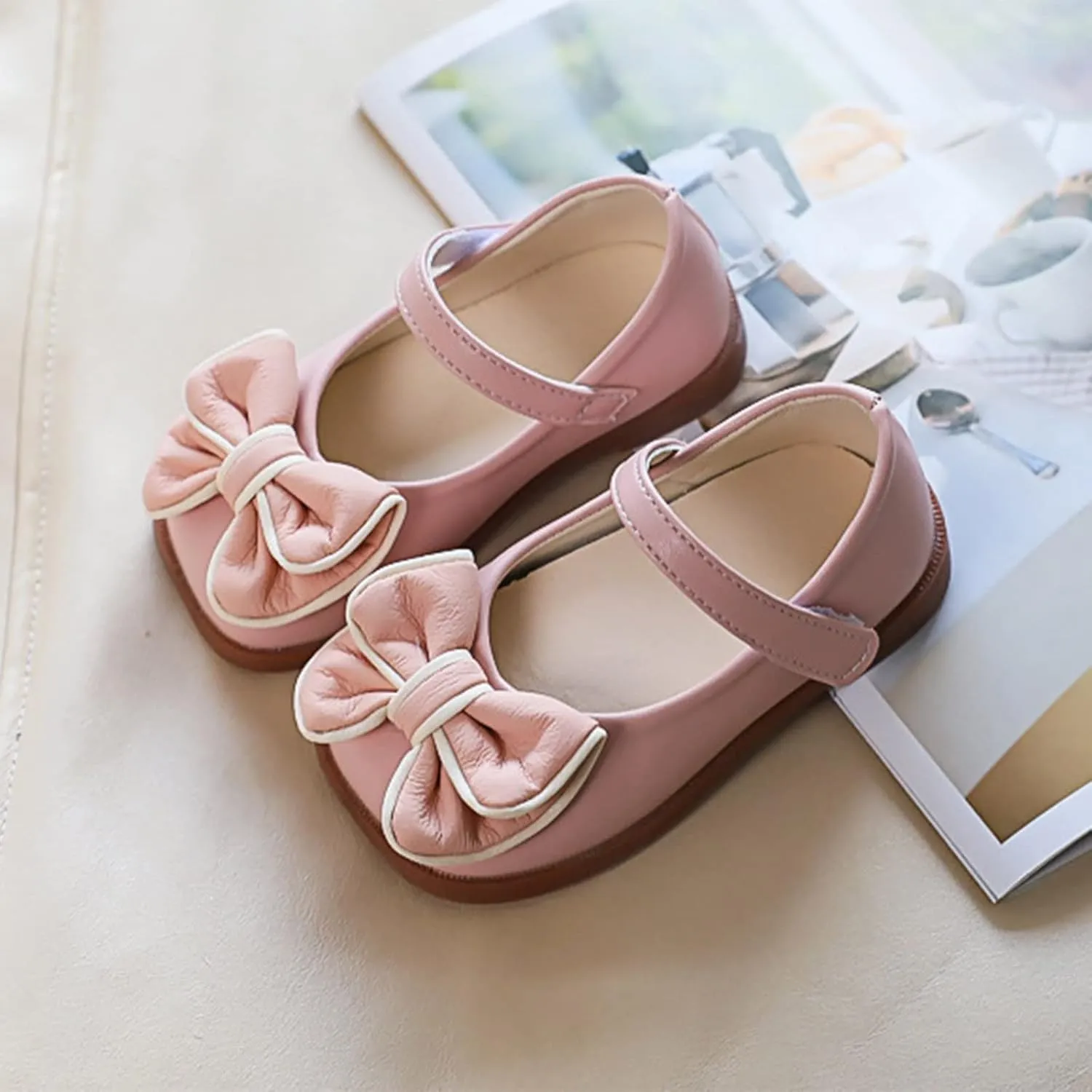 Spring and Summer Girls Casual Shoes Bow Hook Loop Solid Color Comfortable Single Shoes Toddler Girls Running Shoes