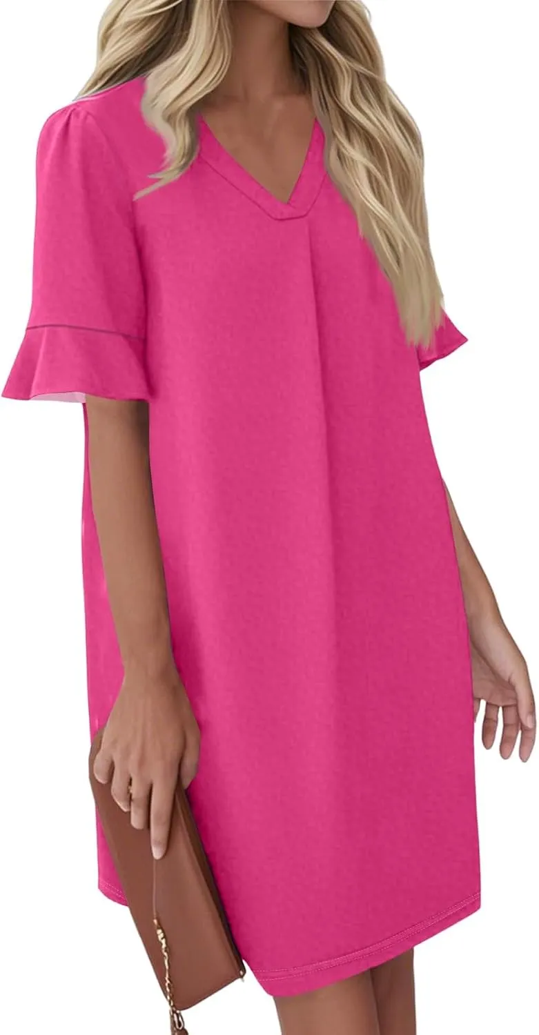 Spring Dresses for Women 2025 Summer Ruffle Short Sleeve V Neck Casual Shift Dress with Pockets