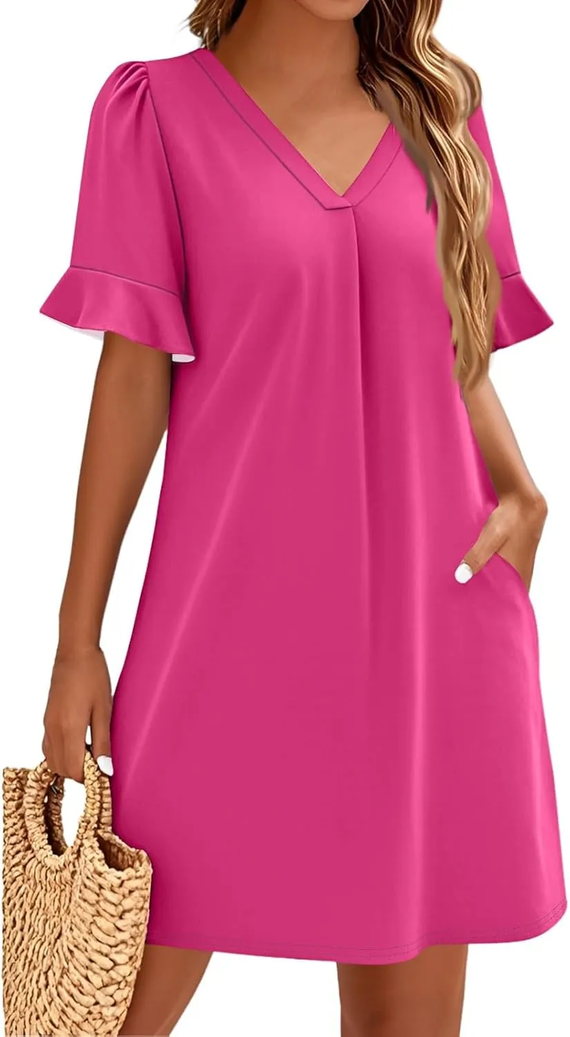 Spring Dresses for Women 2025 Summer Ruffle Short Sleeve V Neck Casual Shift Dress with Pockets