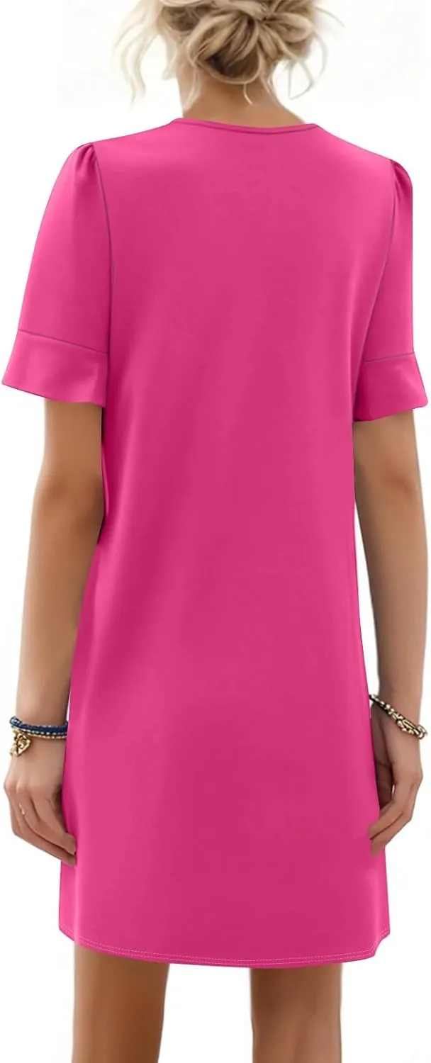 Spring Dresses for Women 2025 Summer Ruffle Short Sleeve V Neck Casual Shift Dress with Pockets