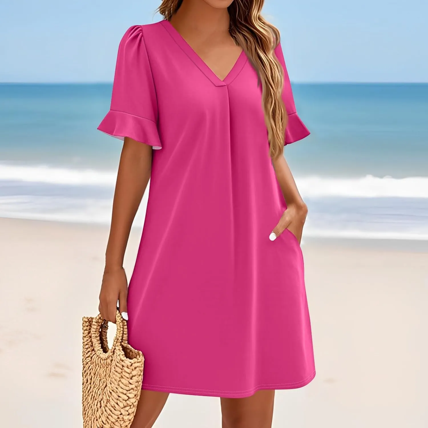 Spring Dresses for Women 2025 Summer Ruffle Short Sleeve V Neck Casual Shift Dress with Pockets