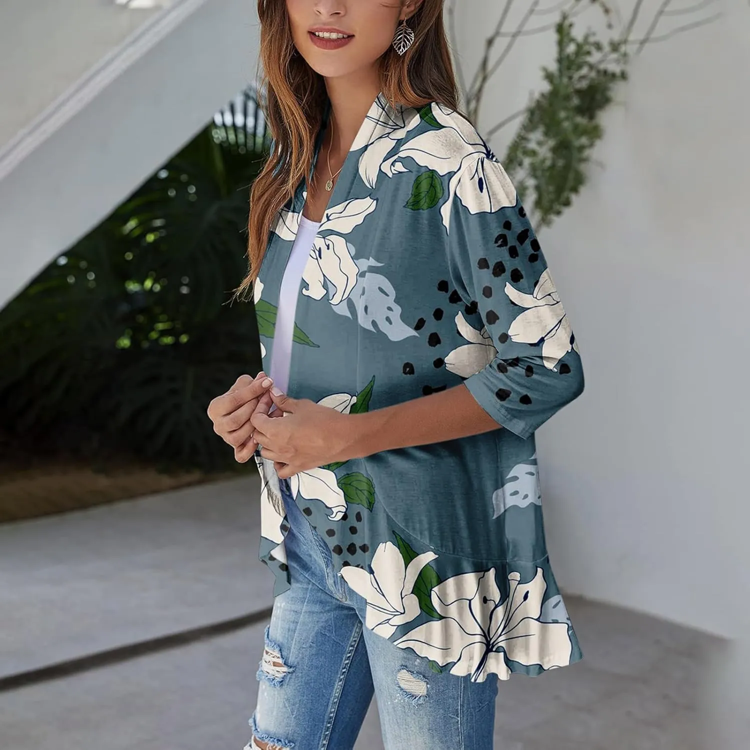 Summer Cardigan for Women 3/4 Length Open Front Draped Cardigan Ruffle Kimono Cover Up Loose Floral Print with Pockets
