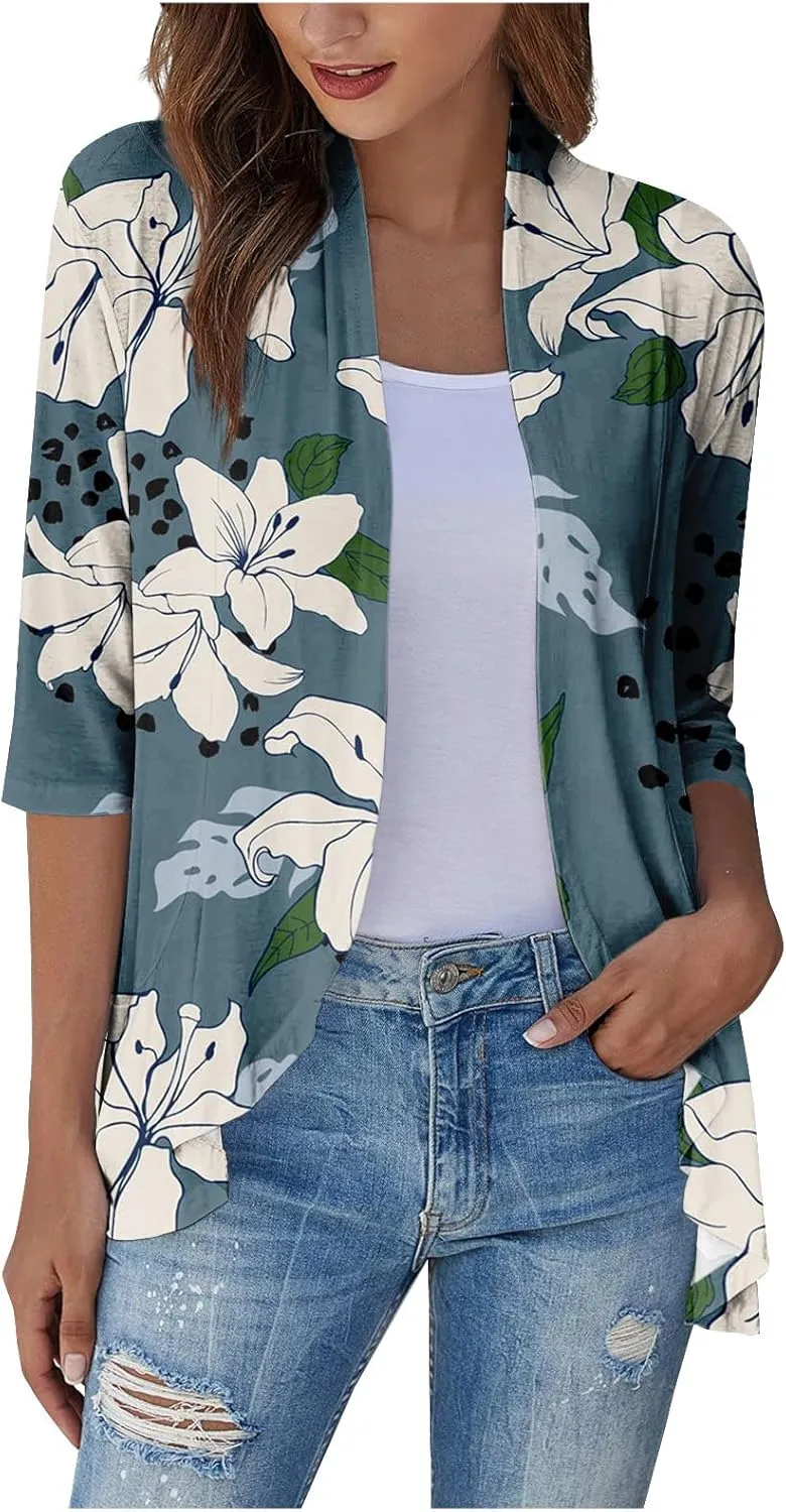 Summer Cardigan for Women 3/4 Length Open Front Draped Cardigan Ruffle Kimono Cover Up Loose Floral Print with Pockets