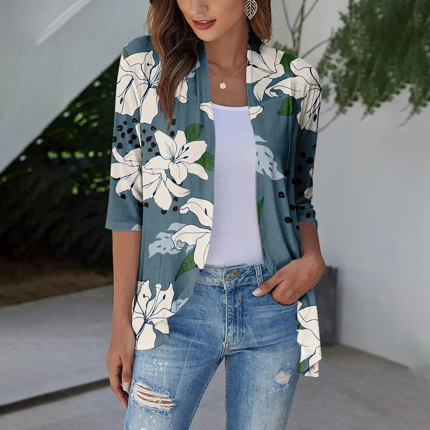 Summer Cardigan for Women 3/4 Length Open Front Draped Cardigan Ruffle Kimono Cover Up Loose Floral Print with Pockets