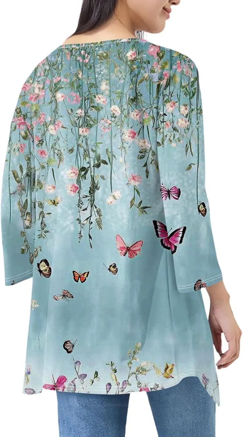 Summer Cardigan for Women 3/4 Length Open Front Draped Cardigan Ruffle Kimono Cover Up Loose Floral Print with Pockets