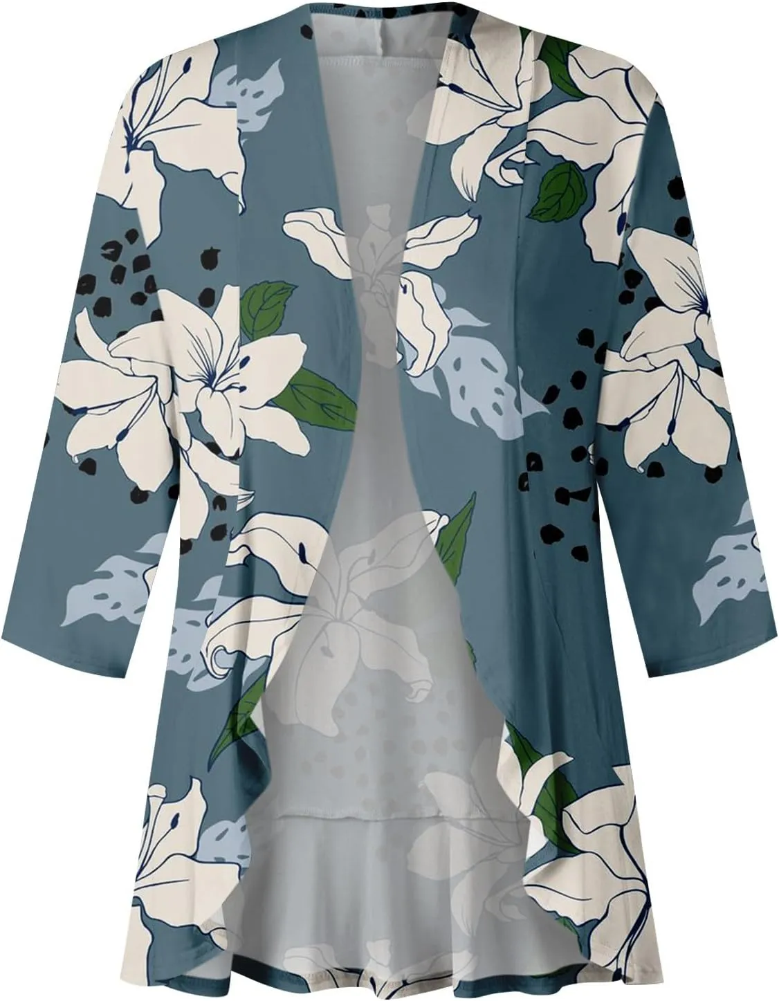 Summer Cardigan for Women 3/4 Length Open Front Draped Cardigan Ruffle Kimono Cover Up Loose Floral Print with Pockets